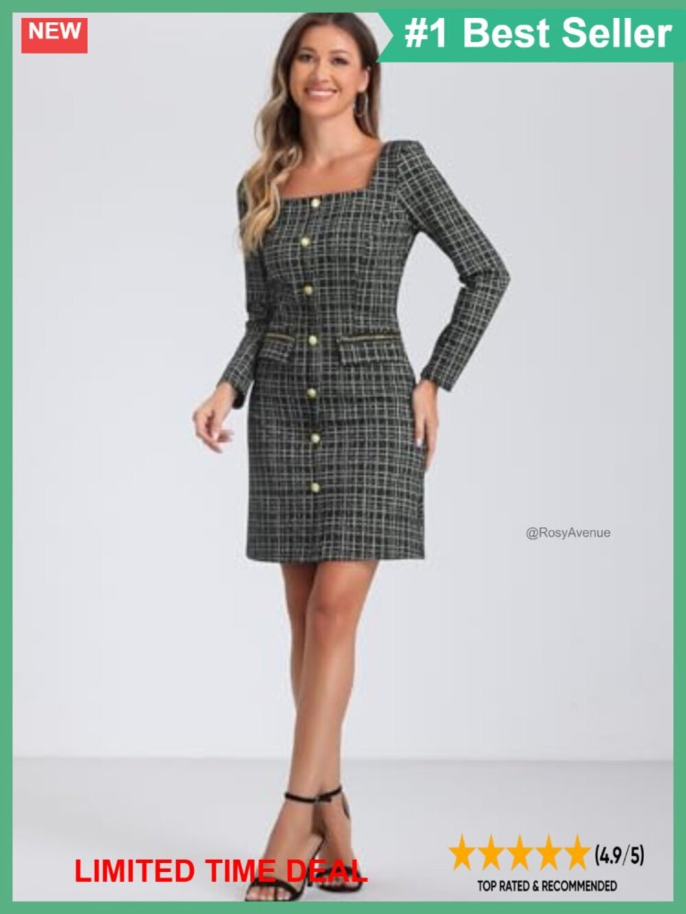 Allegra K Women Tweed Square Neck Long Sleeve Bodycon Dress with Pockets - Picture 3 of 4